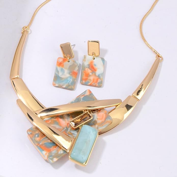 Vintage Chunky Statement Jewelry Set Retro Leaf Floral Geometric Bohemian Boho Bib Necklace Earring Set Fashion Costume Jewelry for Women Girls Wedding Party Prom Unique Gift