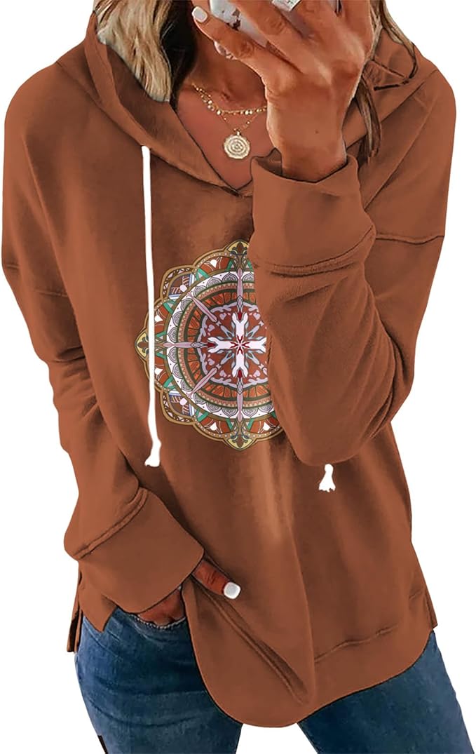 Women's Brown Mandala Print Hoodie Long Sleeve Loose Fit Pullover Sweatshirt With Drawstring For Fall Winter