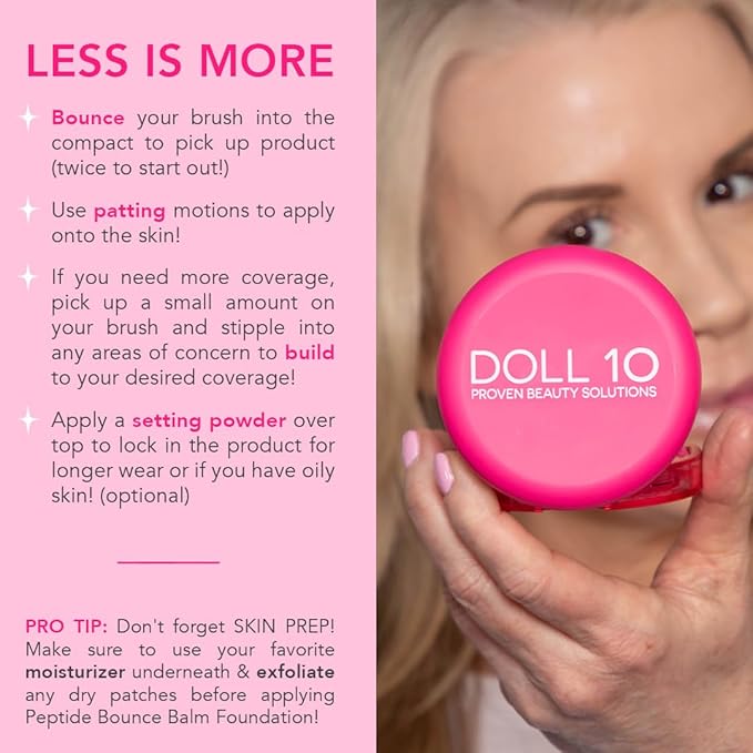 Doll 10 Peptide Bounce Balm Foundation™ – Hydrating, Age-Defying Foundation for Older Women, All Skin Types – Vegan, Clean, Natural, Medium Buildable Coverage, Blurs Fine Lines - [Light]