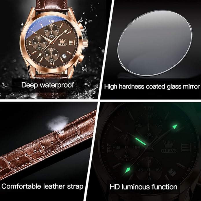 OLEVS Men's Watches Brown Leather with Date,Casual Watches for Men,Large Face Watches Men,Chronograph Mens Watch,Sport Waterproof Business Dress Analog Quartz Men's Wrist Watches Reloj De Hombre