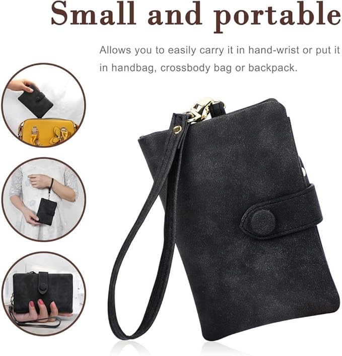 Women's Leather Wristlet Wallet, Bifold RFID Purse with ID Window, Zipper Coin Pocket for Daily Essentials (Black)