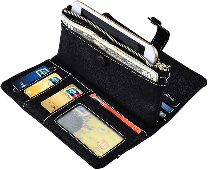 Women's Genuine Leather Bifold Clutch Wallet Large Capacity Card Organizer with Buckle Closure in Candy Colors (Black)