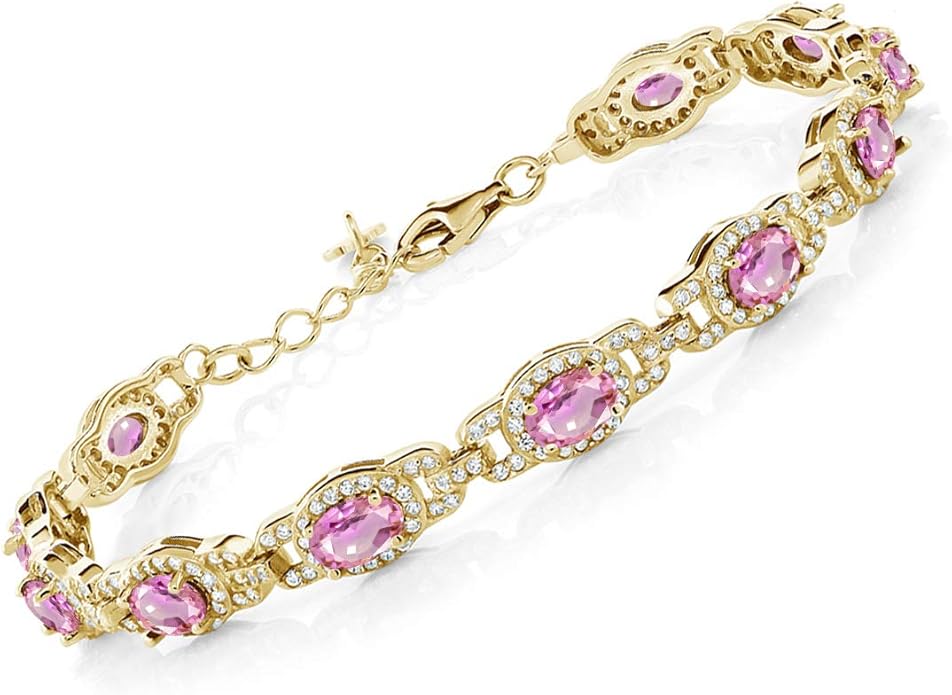 Gem Stone King 18K Yellow Gold Plated Silver Oval Gemstone Birthstone Tennis Bracelet For Women | Oval 6X4MM | 7 Inch With 1 Inch Extender | Fine Jewelry Gifts for Her Mom Women Wife
