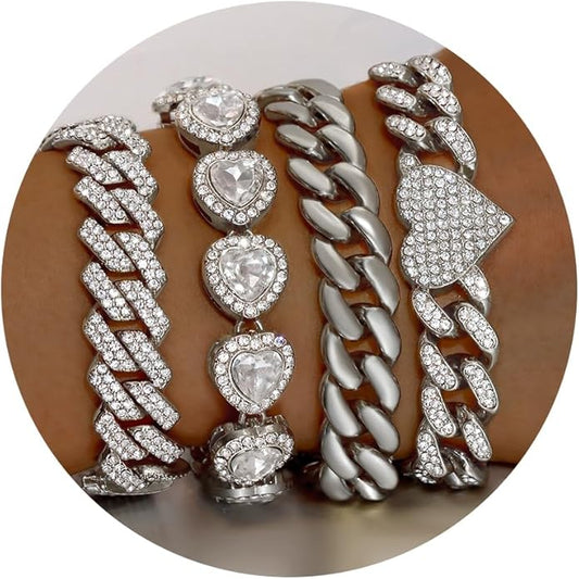 4PCS Gold Bracelets for Women Silver Clustered Tennis Bracelet for Women Heart Round Diamond Cuban Bracelet Layered Link Bracelet Set Fashion Jewelry for Women Set
