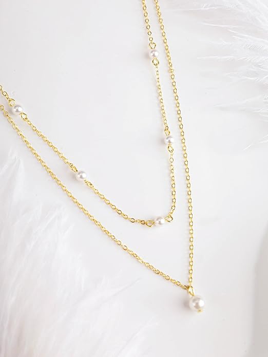 MINACHI Gold Plated Dainty Double Layered Imitation Pearl Chain Necklace for Women, Trendy Simple Minimalist Fashion Jewelry Gift for Women