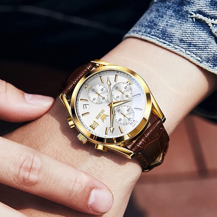 OLEVS Men's Watches Brown Leather with Date,Casual Watches for Men,Large Face Watches Men,Chronograph Mens Watch,Sport Waterproof Business Dress Analog Quartz Men's Wrist Watches Reloj De Hombre