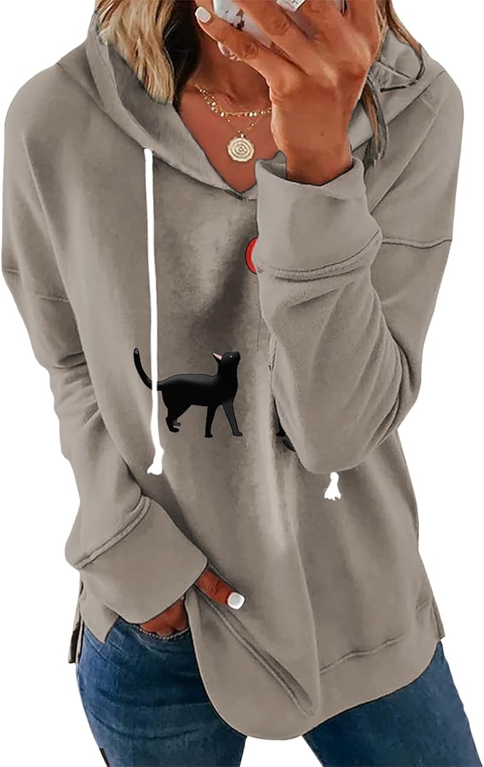 Womens Black Floral Print Hoodie Long Sleeve Cotton Blend Pullover Sweatshirt Loose Fit Casual Top For Everyday Wear
