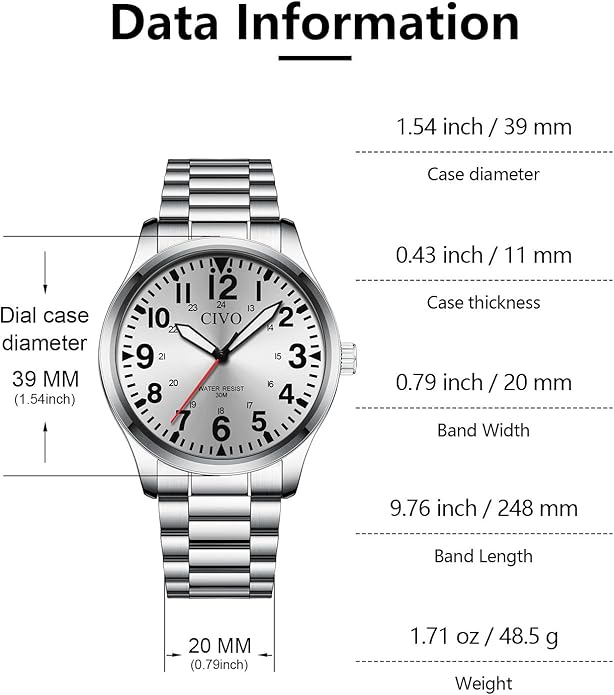 CIVO Analog Wrist Watches for Men: Waterproof Stainless Steel Mens Watches - Silver Watch with Easy Read Dial Men's Watch for Gift