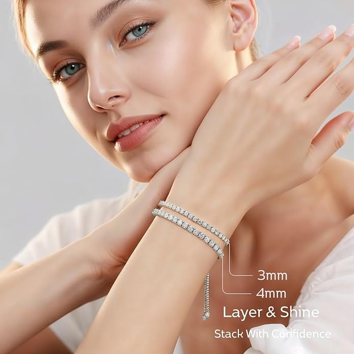 LOVE&LOVE Moissanite Tennis Bracelet for Women, Adjustable Bracelet 925 Sterling Silver 3/4mm D VVS1 Round Cut, Luxury Jewelry Gift for Wife Mom Girlfriend Birthday Anniversary