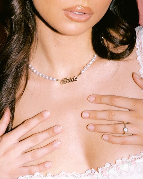 xo, Fetti Bride Pearl Beaded Necklace, 16" Choker, Bride Gold Nameplate | Bachelorette Party Decorations, Bridesmaid Gift, Bridal Shower, Wedding