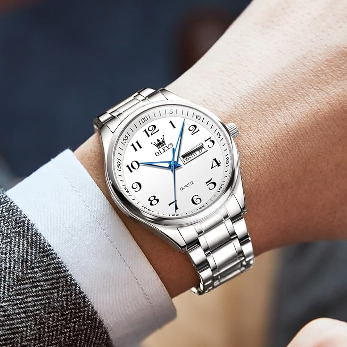 Men's Casual Stainless Steel Watch, Big Face Easy to Read Analog Quartz Watch with Day and Date, Classic Waterproof Diamond Roman Arabic Numerals Dial Dress Watch for Men, Gold Silver Black Band