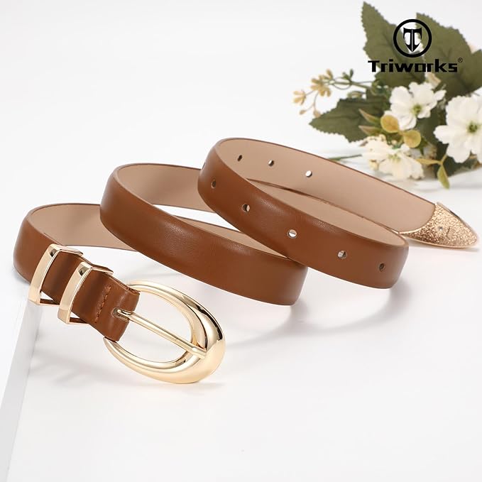 TRIWORKS Women Leather Belt for Jeans Pants Fashion Ladies Skinny Faux Leather Dress belt with Gold Buckle