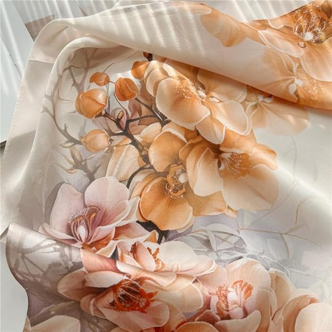 100% Mulberry Silk Scarfs for Women Floral Print Satin Long Scarf for Headscarf Hair Wraps Shawl with Gift Packed