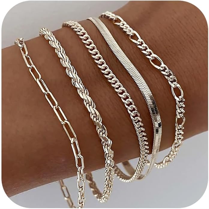 DEARMAY Gold Bracelets for Women Waterproof, 14K Gold Plated Jewelry Sets Trendy Thin Dainty Stackable Cuban Link Paperclip Chain Bracelet Pack Fashion Accessories Gifts for Womens