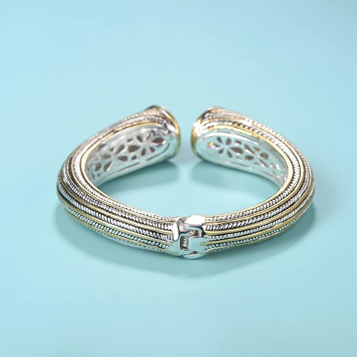 UNY JEWEL Jewelry Multi Strand Twisted Wire Cable Inlay 12mm CZ Vintage Antique Two Tone Elegant Designer Inspired Unique Spring Open Cuff Bangle
