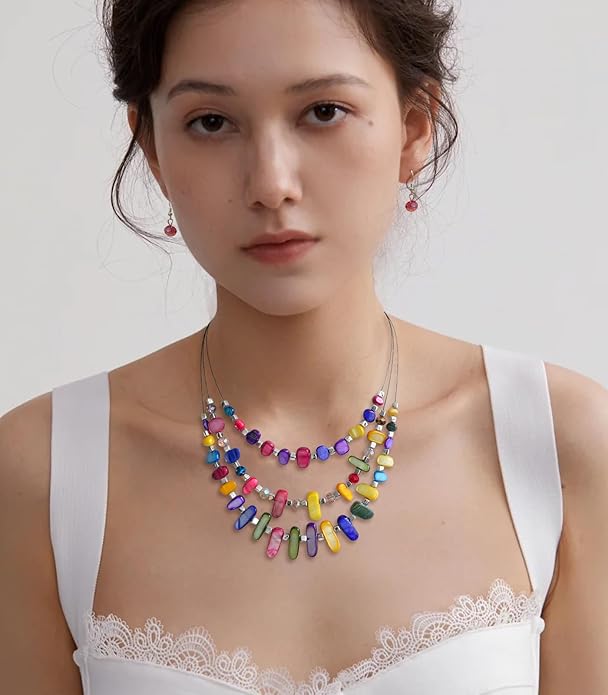 3 Layered Chunky Statement Necklace for Women Beaded Strand Necklaces with Earring Fashion Costumes Collar Necklace Jewelry Sets Gifts for Women