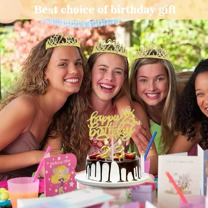 Girls 23rd Birthday Decorations Set, Include Crown, Sash, Cake Topper, Candles, Gold Balloons, Party Supplies