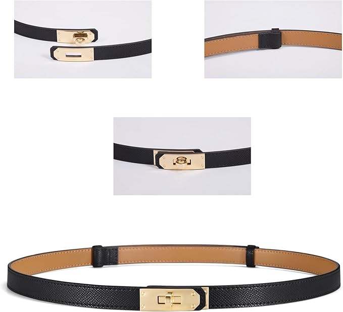 Skinny Leather Belts for Women with Adjustable Silver Turn-Lock Buckle for Dresses Jeans and Pants