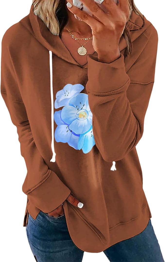 Women's Brick Red Hoodie Pullover Sweatshirt Cotton Blend Loose Fit Long Sleeve Fall Winter Top
