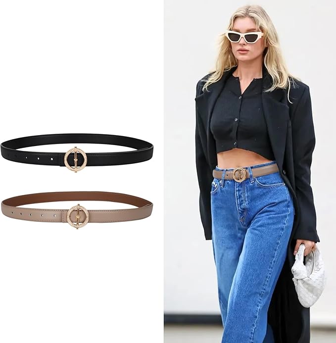 Women's Fashion Classic Metal Buckle Leather Belt with Jeans Dress