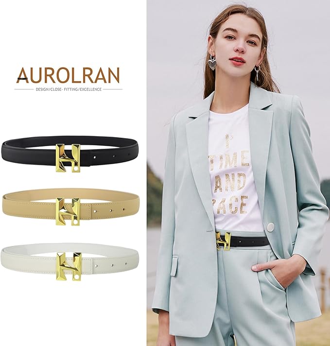 Women's Fashion Classic Metal Buckle Leather Belt with Jeans Dress