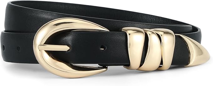 Skinny Leather Waist Belt - Gold Buckle Dress Belt for Women's Jeans & Dresses