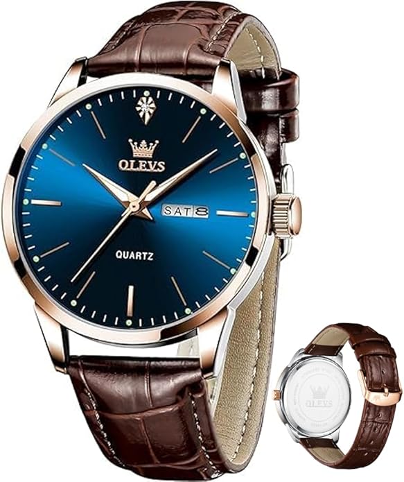 OLEVS Mens Watches Vintage Leather Band Dress Classic Easy Reader Arabic Numerals Analog Quartz Waterproof Date and Day Blue/Black/White Large Face Men's Wrist Watches