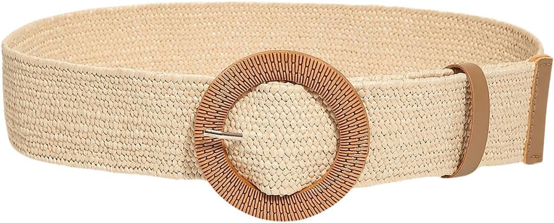Verdusa Women's Western Belt Cowgirl Boho Straw Belts Round Buckle Elastic Waist Belt