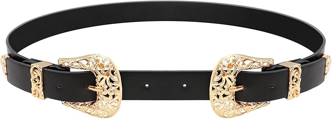 JASGOOD Double Buckle Western Belts For Woman Cowgirl Country Belt Vintage Black Leather Belt For Jeans Pants Dresses