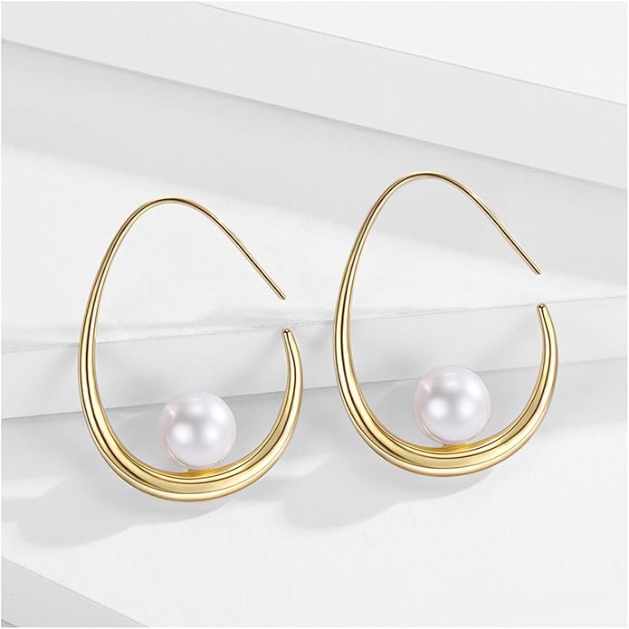 14k Gold Plated Lightweight Pearl Earrings,Trendy Jewelry,Teardrop Hoop Earrings for Women,Pearl Drop Earrings,Elegant Jewelry for Gifts