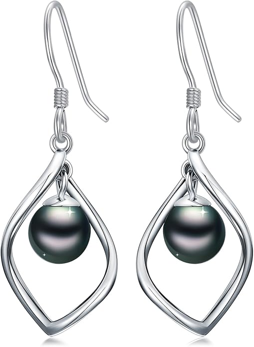 Tahitian Black Pearl AAAA 18K Gold Plated Sterling Silver Dangle Drop Earrings for Women Wife Mom Girlfriend Valentine Her Jewelry Gift for Anniversary Birthday Christmas