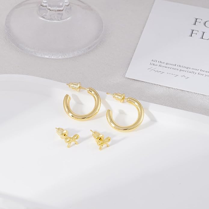 ASCOMY Gold Stud Earrings for Women - Dainty Bow 14K Gold/Silver Plated Pearl Earrings - Trendy Cute Ribbon Minimalist Jewelry Gifts for Her