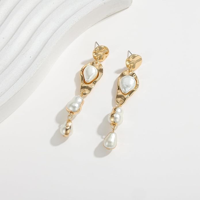 Statement Pearl Dangle Earrings,Gold and Large Pearl,Luxury Chandelier Organic Style Earrings