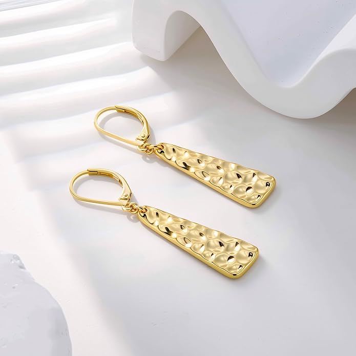 ALEXCRAFT 925 Sterling Silver Dangle Earrings for Women, 14K Gold Plated French Leverback Earrings, Hypoallergenic Lightweight Statement Hammer Square Bar Long Drop Earing for Women Trendy Jewelry