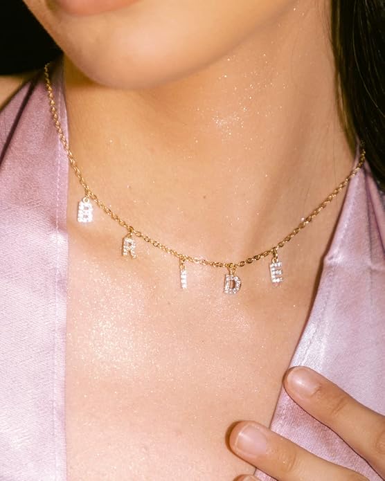xo, Fetti Bride Pave Necklace, 14" Choker, Gold Charm Letter Cubic Zirconia Jewelry | Bachelorette Party Decorations, Bridesmaid Gift, Bridal Shower, Wedding