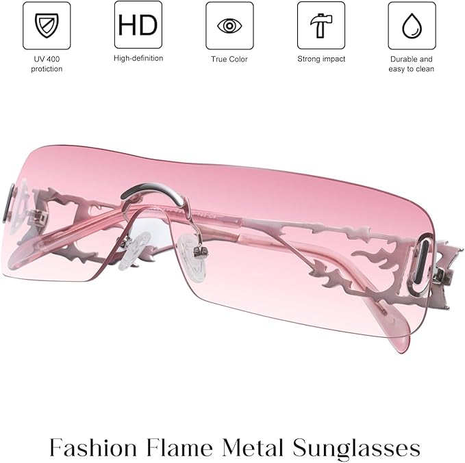 mosanana Y2K Rhinestone Flame Rectangle Sunglasses for Women with Bling Glitter MS52350