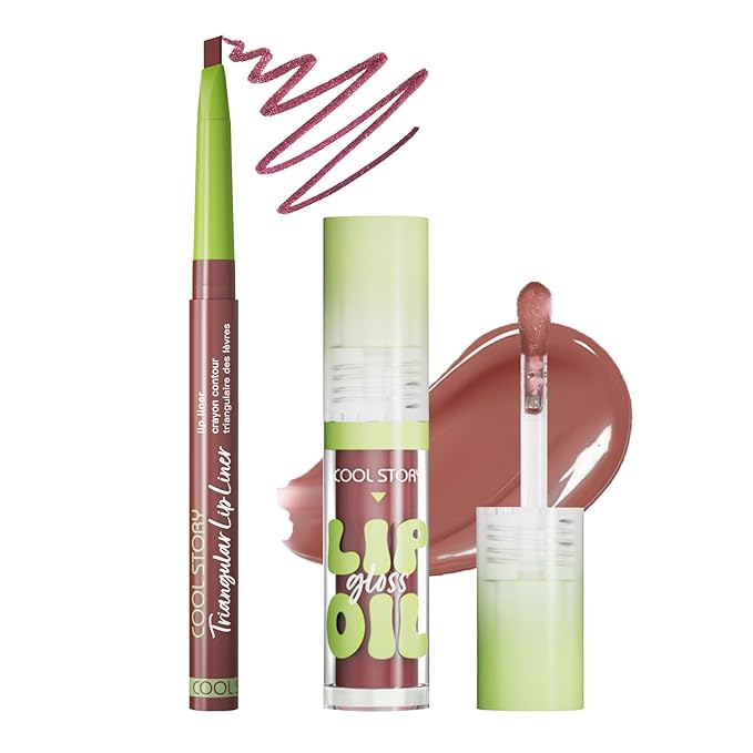 Dark Brown Lip Liner and Lip Oil Gloss Click Clear Shimmer,Long Wear Makeup Fat Oil Set With Natural Oils for Nourishment, Moisturizing Lip Lipstick Lip Liner Pencil Combo Set