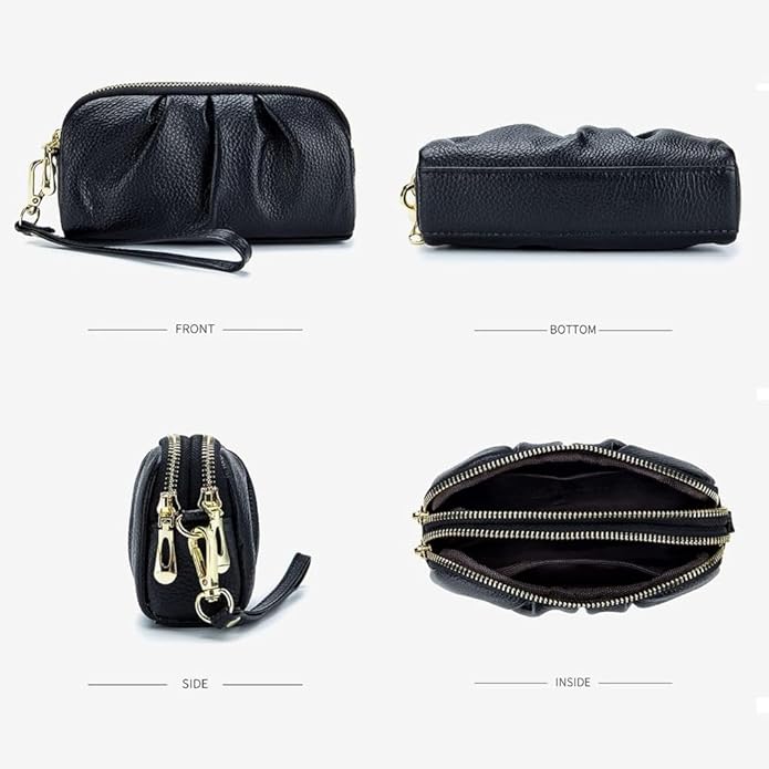 Genuine Leather Wristlet for Women, Ruched Clutch Wallet Purse, Compact Ladies Wristlet with Card Slots