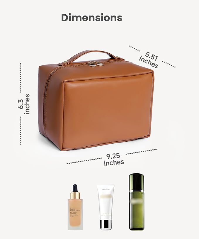 Travel Makeup Organizer Bag, Large Capacity Cosmetic Bags with Multiple Compartments, Open-Flat Toiletry Bag Portable Waterproof Pouch for Women Beauty Essentials (Brown)