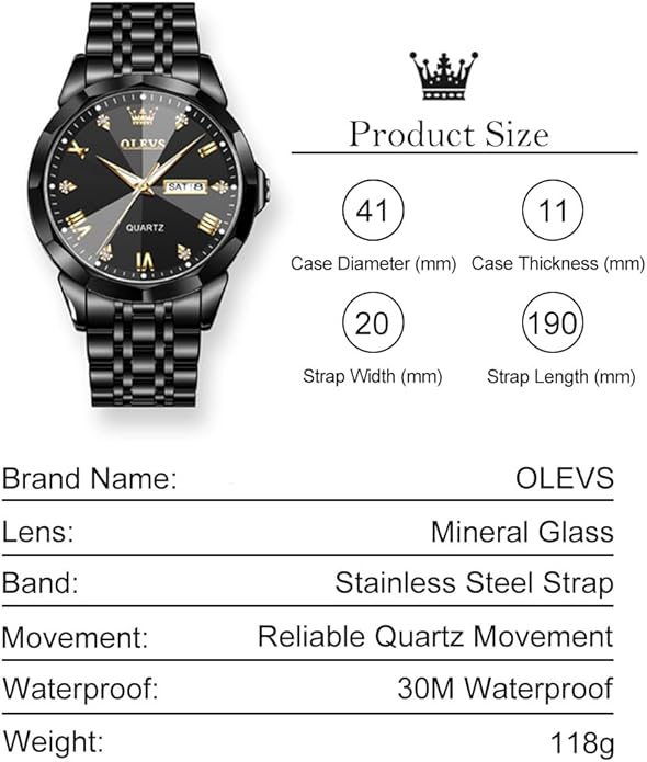 Men's Casual Stainless Steel Watch, Big Face Easy to Read Analog Quartz Watch with Day and Date, Classic Waterproof Diamond Roman Arabic Numerals Dial Dress Watch for Men, Gold Silver Black Band