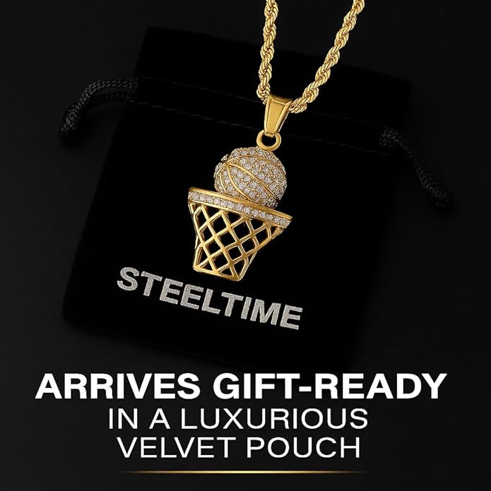 Basketball Necklace - 18K Plated Basketball Chain with Hoop for Men, Women, Teens - Gold, Silver & Black Color Options - Stainless Steel Sports Pendant with Simulated Diamond CZ Stones
