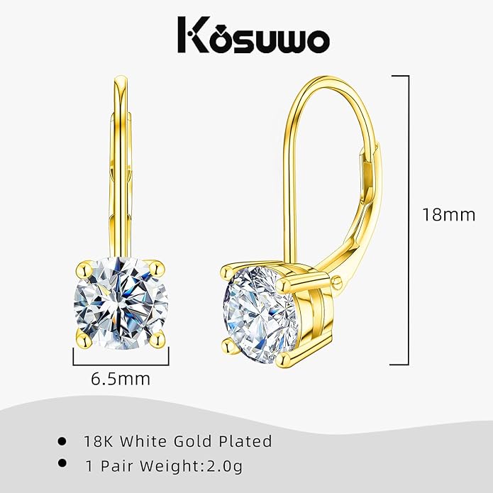 Moissanite Earrings for Women 2.0CT D Color,18K White Gold Plated Sterling Silver Dangle Earrings, Leverback Drop Earrings Jewelry for Gifts