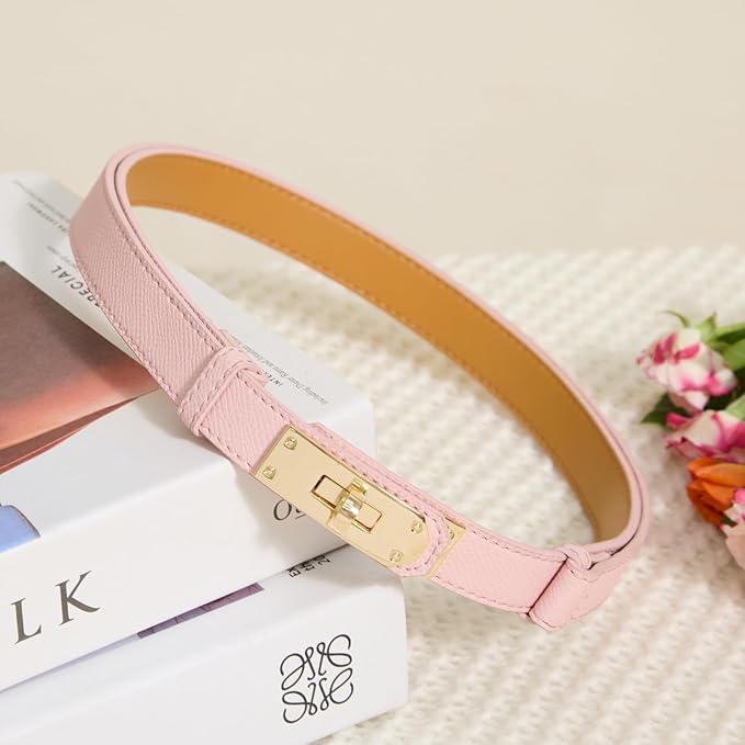 Skinny Leather Belts for Women with Adjustable Silver Turn-Lock Buckle for Dresses Jeans and Pants