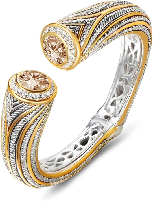UNY JEWEL Jewelry Multi Strand Twisted Wire Cable Inlay 12mm CZ Vintage Antique Two Tone Elegant Designer Inspired Unique Spring Open Cuff Bangle