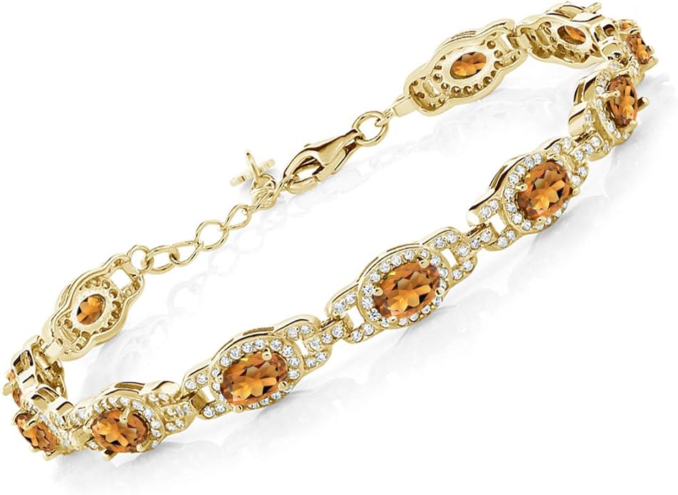 Gem Stone King 18K Yellow Gold Plated Silver Oval Gemstone Birthstone Tennis Bracelet For Women | Oval 6X4MM | 7 Inch With 1 Inch Extender | Fine Jewelry Gifts for Her Mom Women Wife