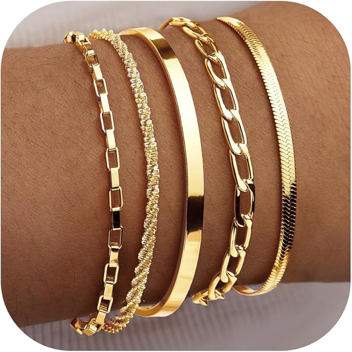 Dainty Thin Gold Bracelet for Women Stack, 14K Gold Plated Bracelet Stackable Set with Bangle Cuff, Box, Herringbone, Paperclip, Figaro, Sparkling Link Chains, Simple Waterproof Non Tarnish Minimalist Gifts for Women Trendy