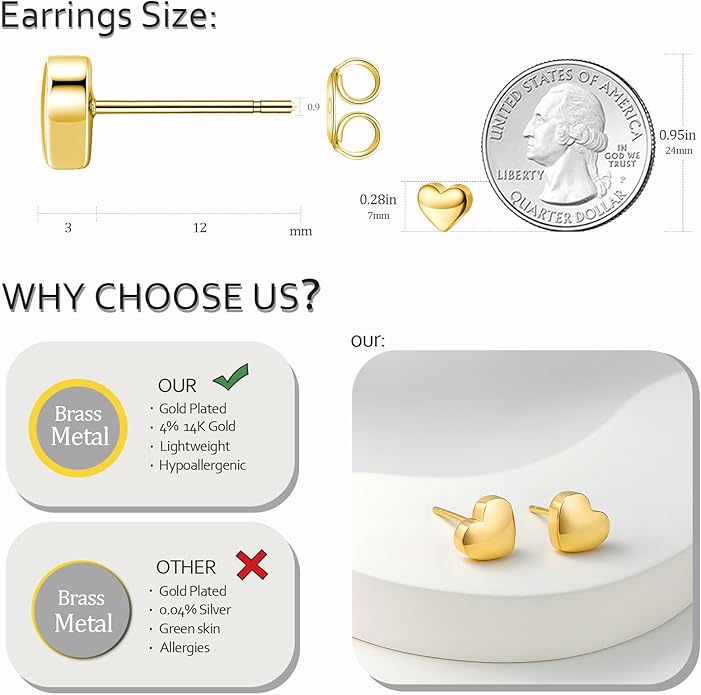 Zeffy Hypoallergenic 925 Sterling Silver/14K Gold Plated Stud Earrings, Dainty Simple Heart Earrings for Women Girls