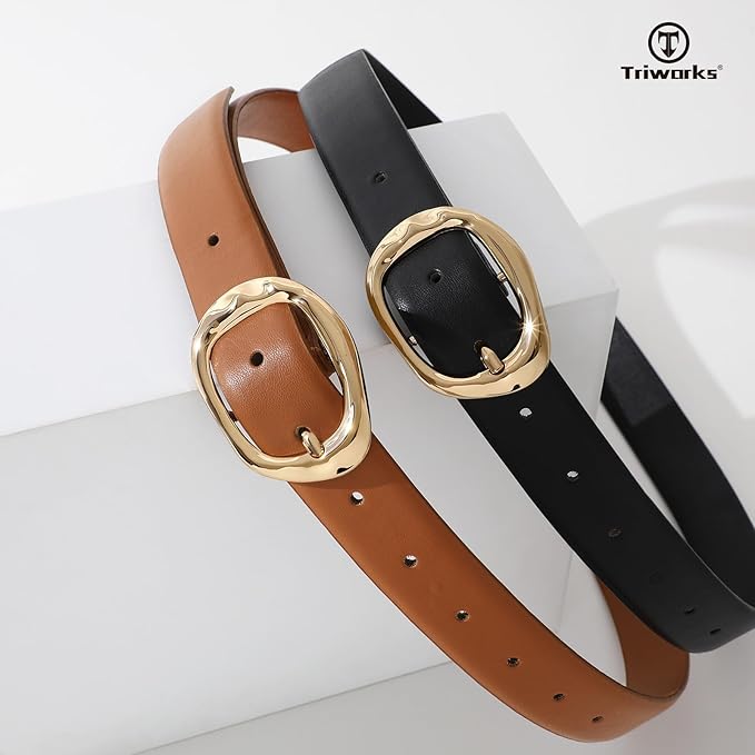 TRIWORKS 2 Pack Leather Belts for Women Fashion Waist Belt with Liquid Shapes Women Belt for Jeans Pants Dresses
