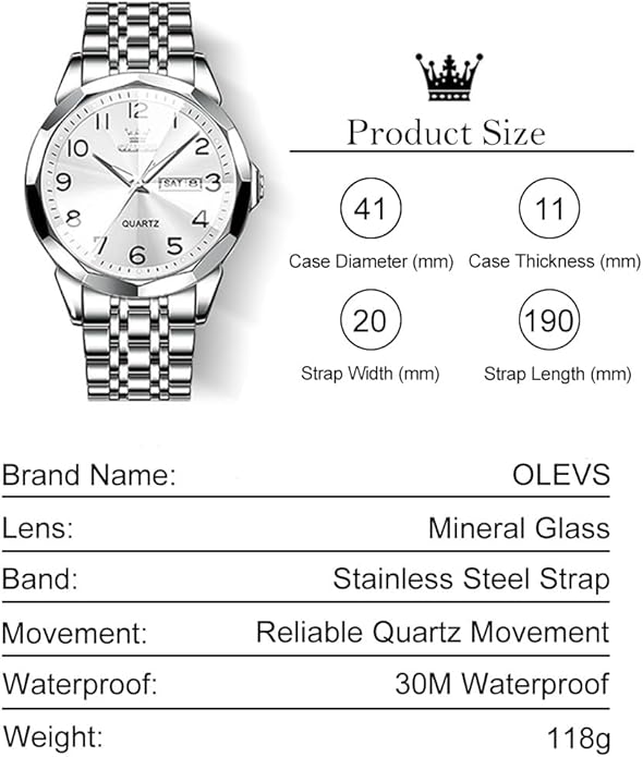 Men's Casual Stainless Steel Watch, Big Face Easy to Read Analog Quartz Watch with Day and Date, Classic Waterproof Diamond Roman Arabic Numerals Dial Dress Watch for Men, Gold Silver Black Band