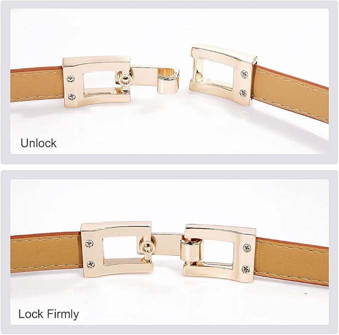 Glamorstar Skinny Belts for Women Thin PU Leather Waist Belt with Gold Buckle for Dresses